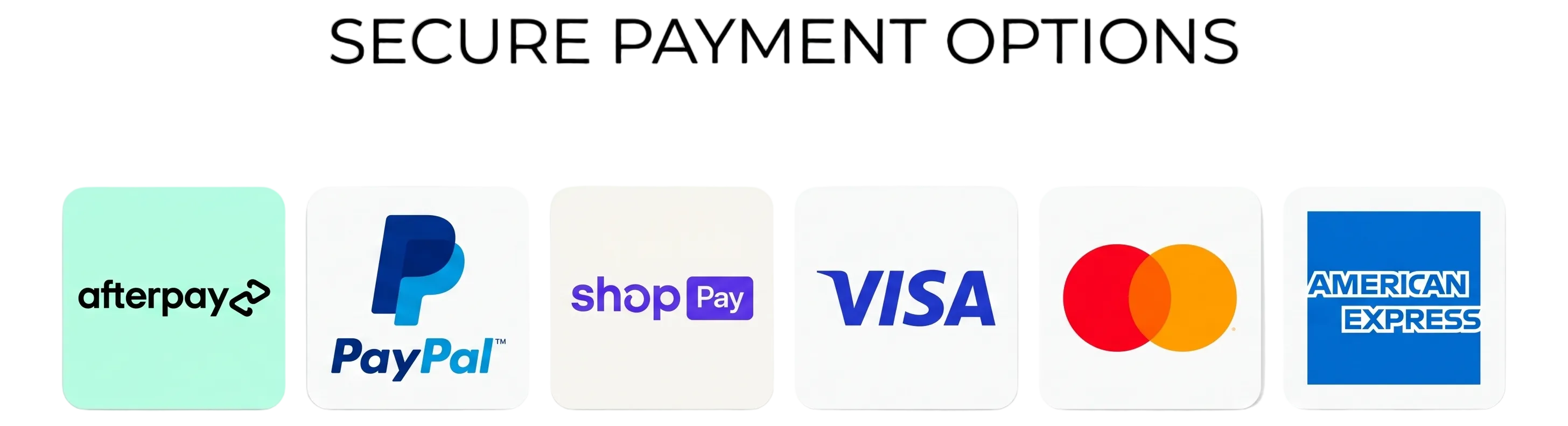Promotional graphic showing secure payment options with icons for Afterpay, PayPal, ShopPay, VISA, Mastercard, and American Express on a light gray background.